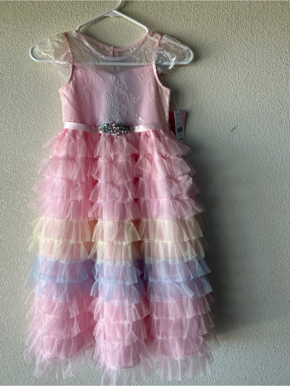 Rare Editions Pink Pastel Tiered Ruffle Dress with Jeweled Belt